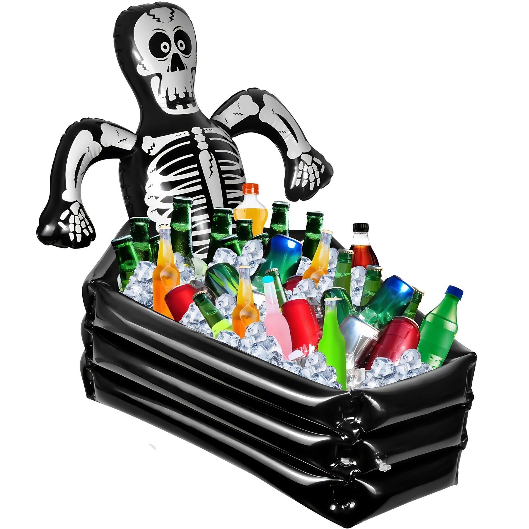 Giant inflatable Skeleton inside a black coffin to use as a decoration and ice bucket full of beverages