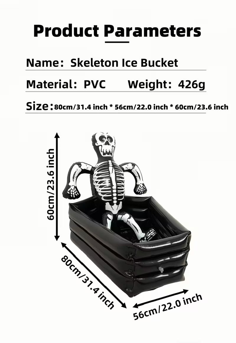Giant inflatable Skeleton inside a black coffin to use as a decoration or ice bucket for beverages, measuring 23.6 inches tall, 31.4 inches long, and 22 inches wide.