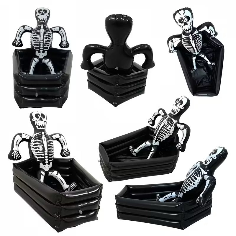 imgi_197_a9836e1b-66ab-4469-bc3e-8c2a615ab9bf.jpg Front, side, and back views of a Giant inflatable Skeleton inside a black coffin to use as a decoration or ice bucket for beverages.