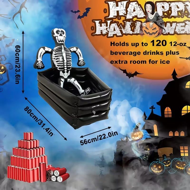 imgi_23_12f25942-cef9-45b2-bffa-1513f45845d1.jpg Giant inflatable Skeleton inside a black coffin to use as a decoration or ice bucket for beverages, measuring 23.6 inches tall, 31.4 inches long, and 22 inches wide.