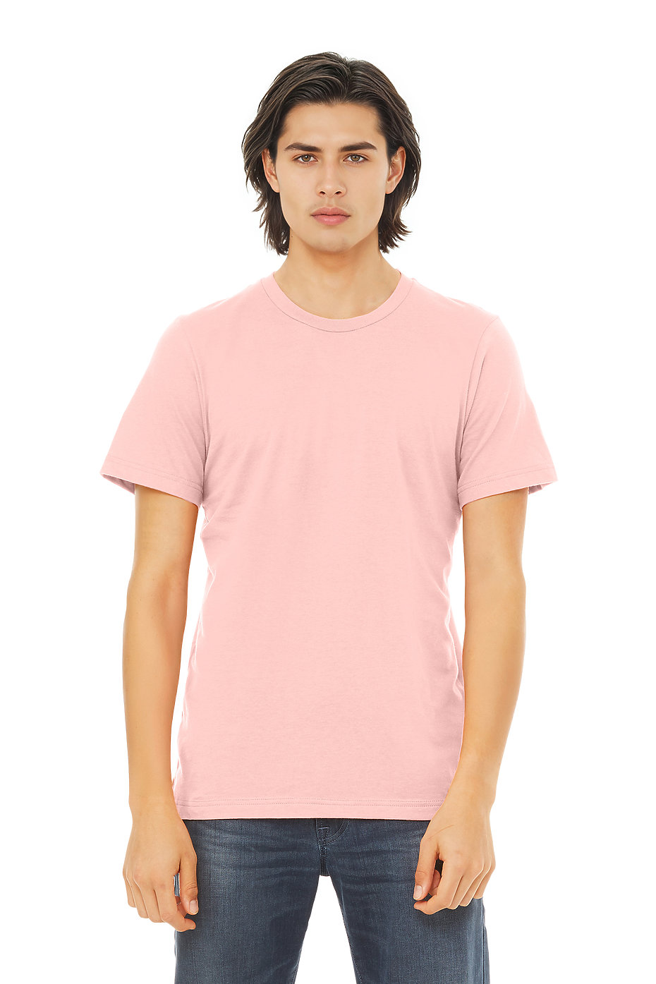 Man wearing a soft pink t shirt
